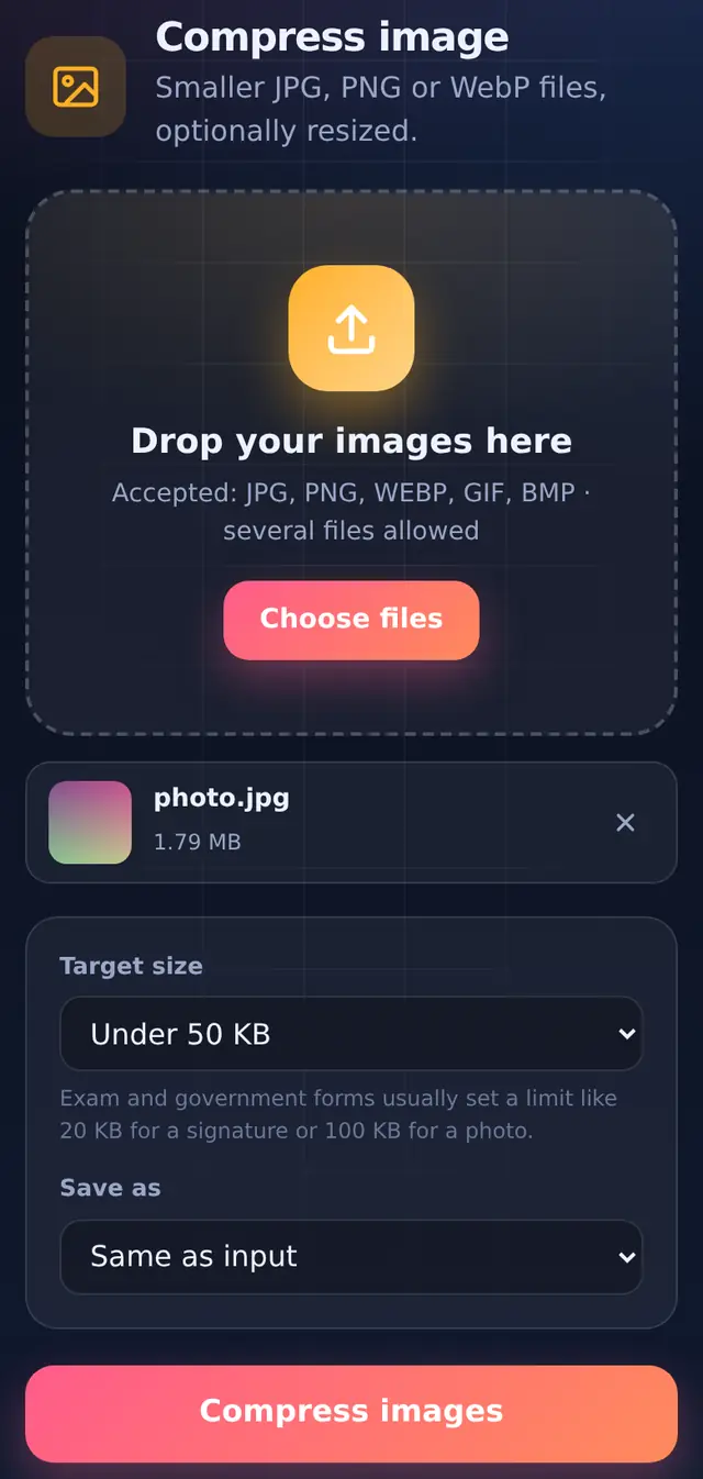 Compress image with a photo added and the Under 50 KB target selected