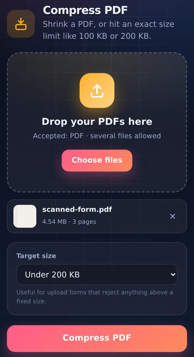 Compress PDF with a scanned file added and the Under 200 KB target selected