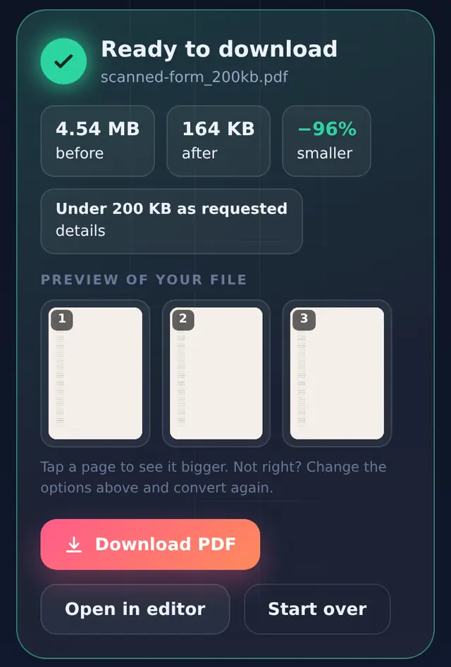 Compress result showing 4.54 MB before, 164 KB after, 96 percent smaller