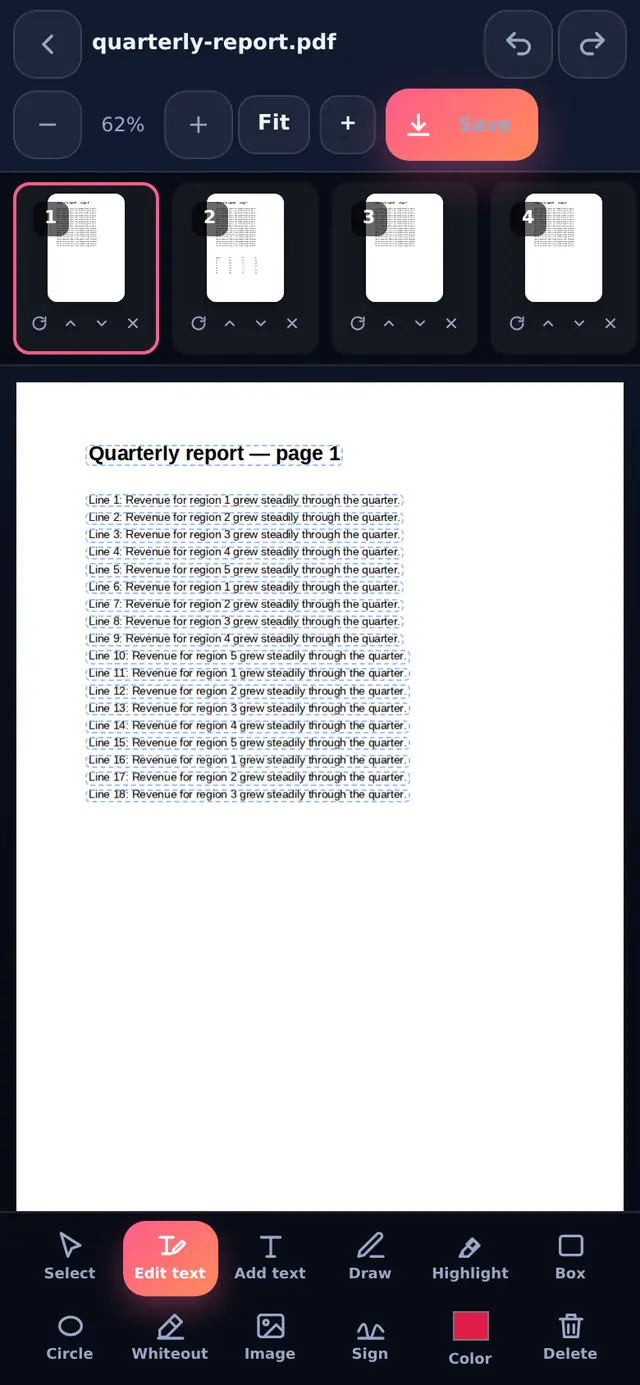 PDF editor with the Edit text tool on, showing dashed outlines around editable text