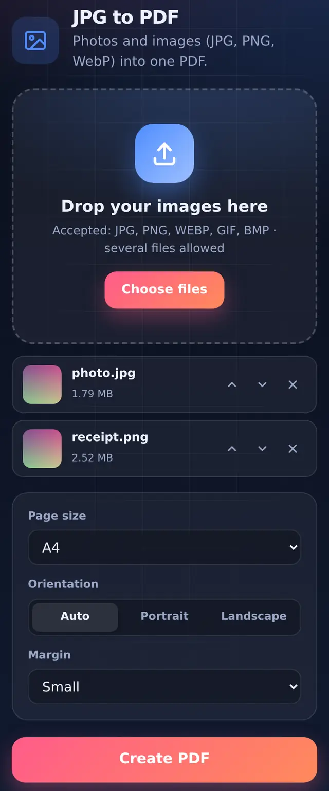 JPG to PDF with a photo and a PNG receipt added, page size A4 and small margin