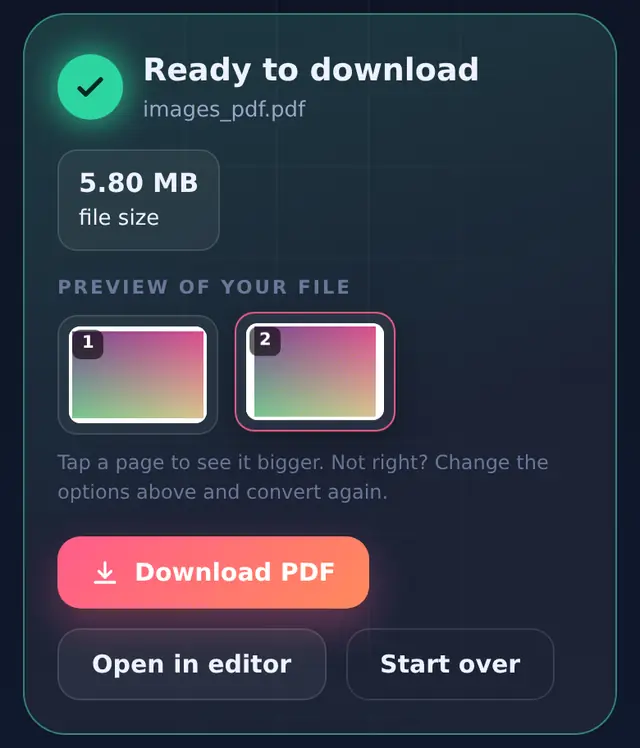 JPG to PDF result showing a two-page PDF ready to download