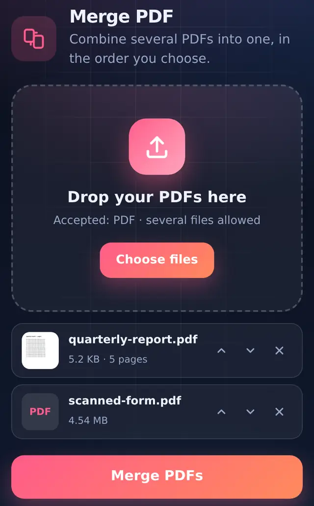 Merge PDF with two files added and move up and down buttons