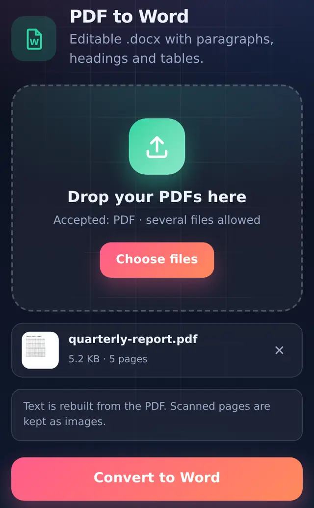 PDF to Word with a report added and a note about scanned pages