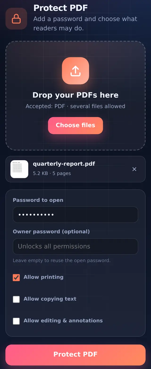 Protect PDF options: password to open, owner password, and print, copy and edit permissions
