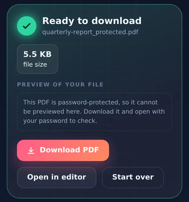 Protect PDF result with the protected file ready to download