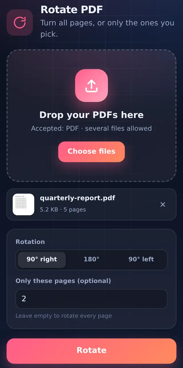 Rotate PDF with 90 degrees right chosen and page 2 entered