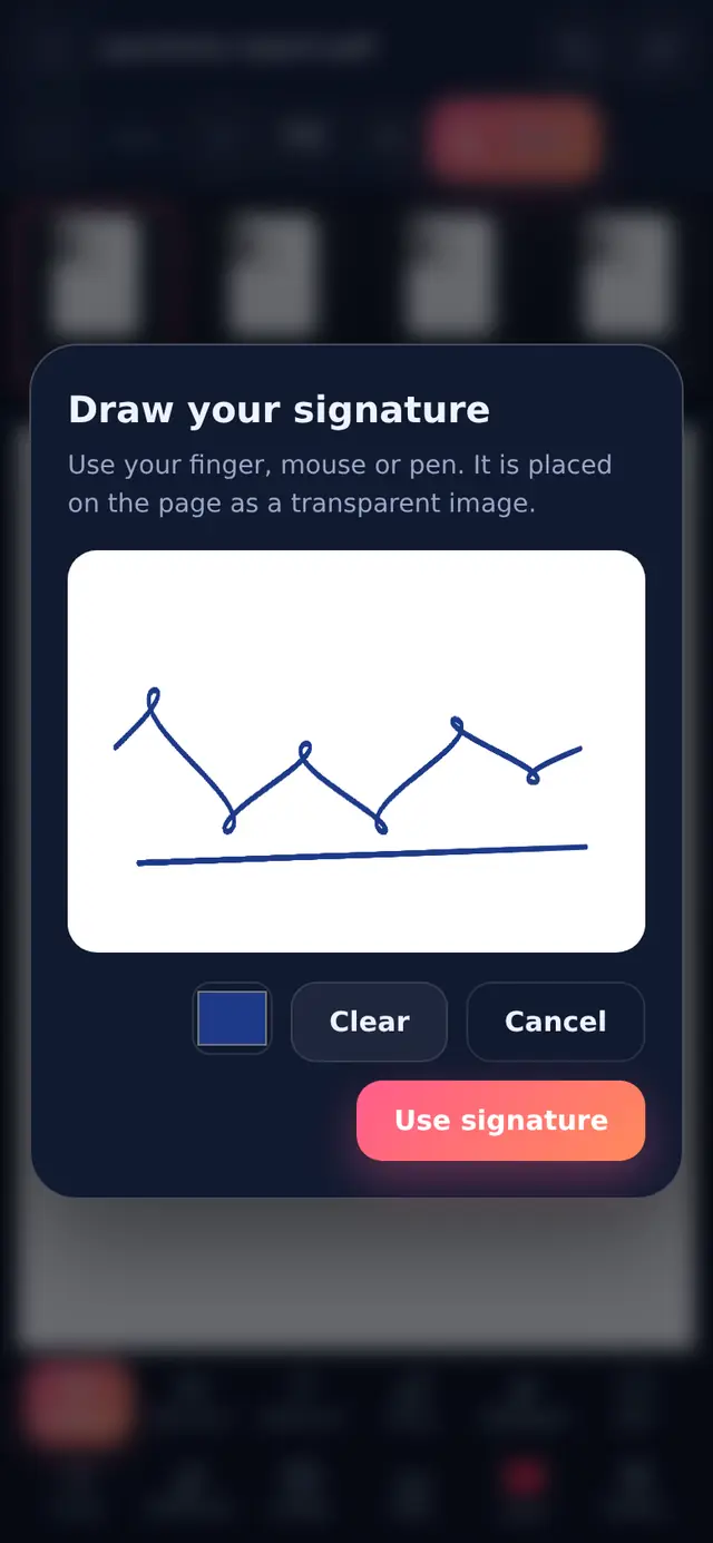 Signature pad with a hand-drawn signature and an ink colour picker