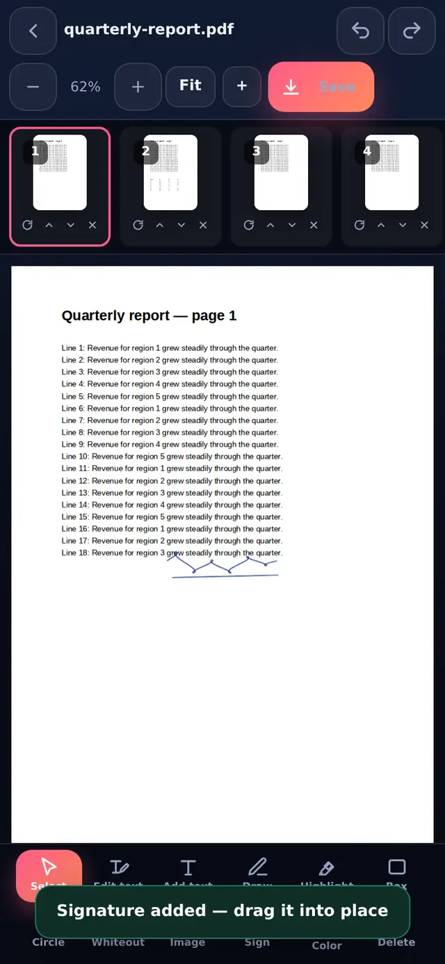 PDF page with the signature placed near the bottom and a message to drag it into place