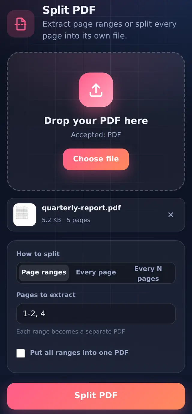 Split PDF with page ranges 1-2 and 4 entered