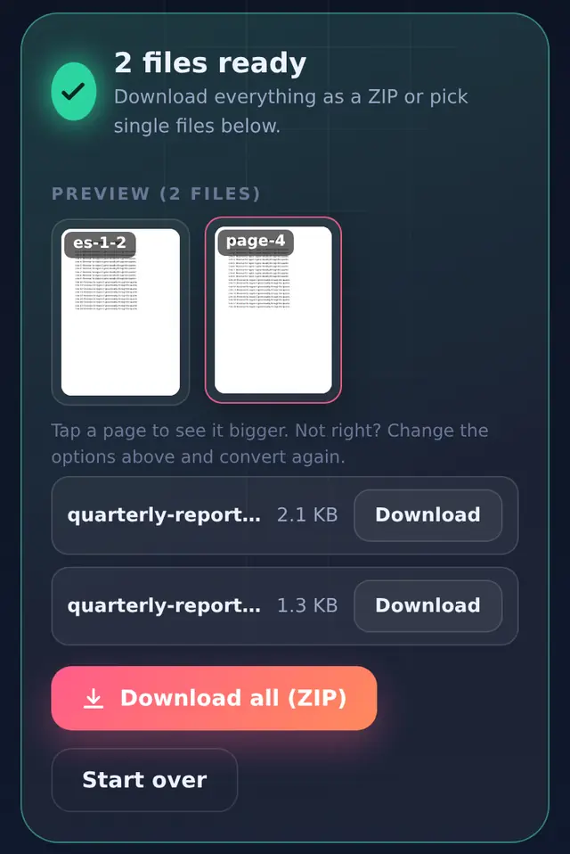 Split result with two files and a download all as ZIP button