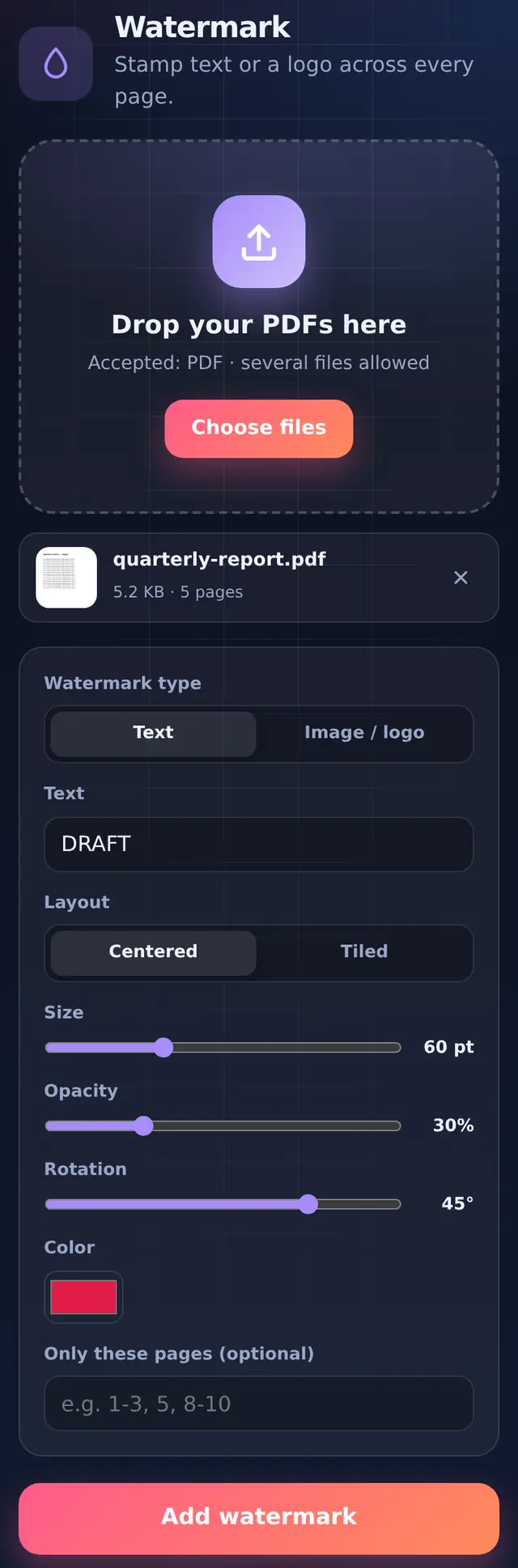 Watermark options: text DRAFT, centred layout, size, opacity, rotation and colour