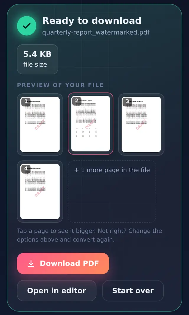 Watermark result with the red DRAFT stamp visible on each page preview